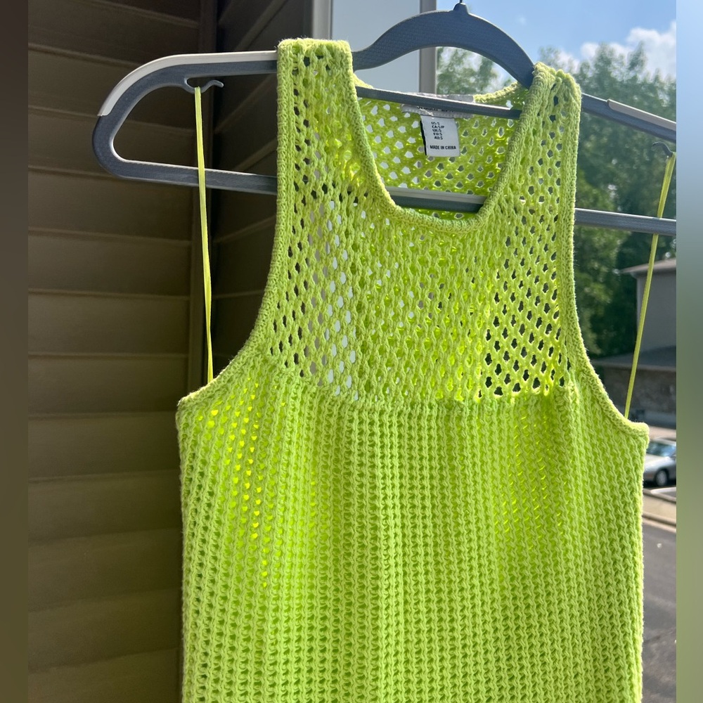 🆕Rachel Zoe Neon Lime Crochet Knit Maxi Dress Size S Boho Resort Beach Cover-Up - Picture 7 of 15